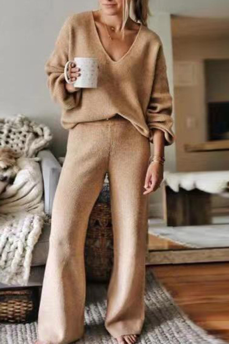 V Neck Loose Swater Pants Set - Fashionpara