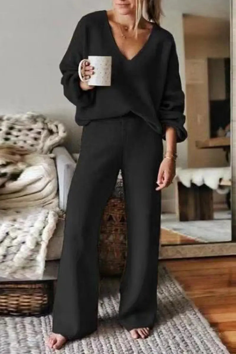 V Neck Loose Swater Pants Set - Fashionpara