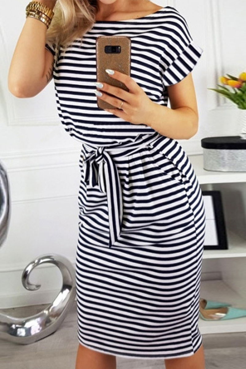 Casual Striped Split Joint O Neck Waist Skirt Dresses(5 colors) - Fashionpara