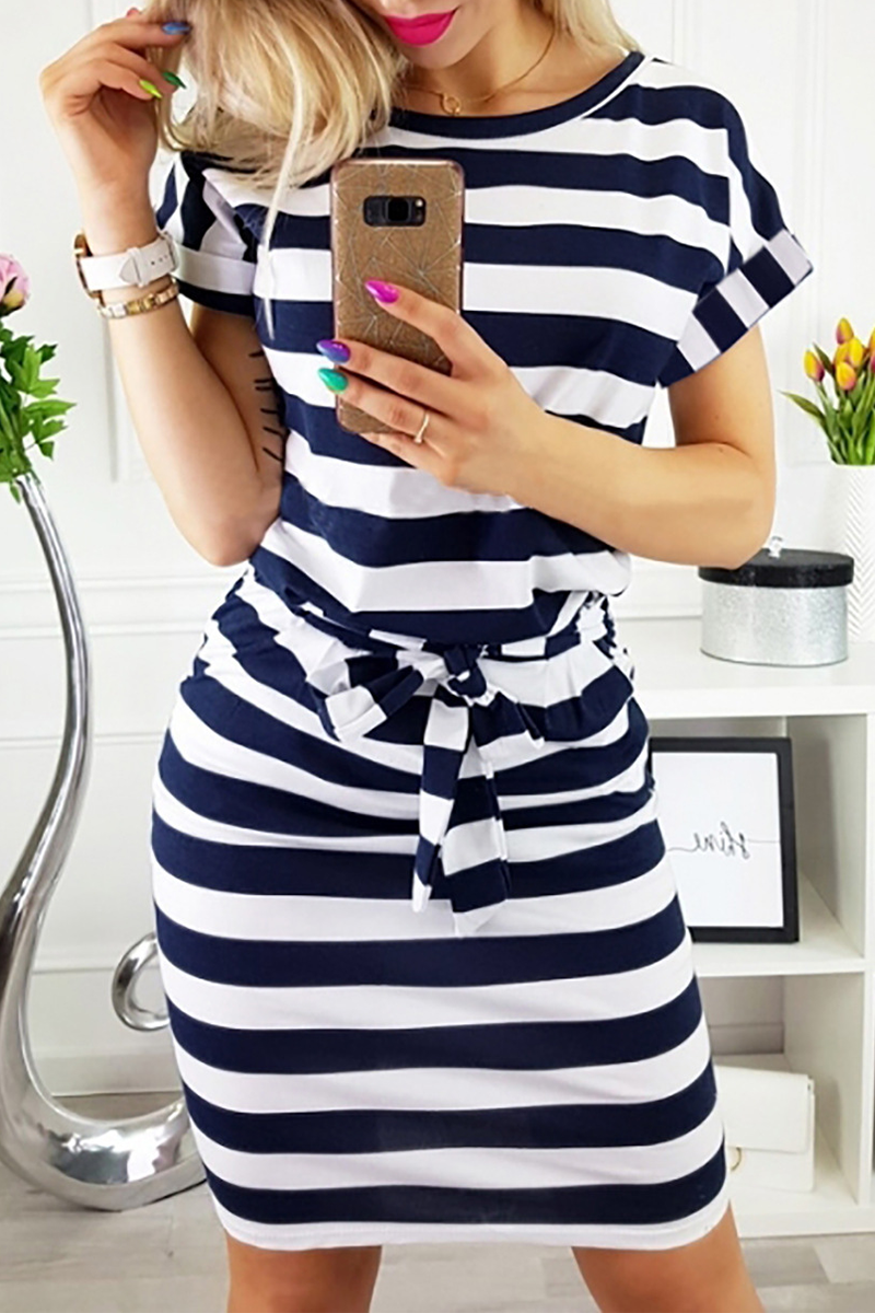 Casual Striped Split Joint O Neck Waist Skirt Dresses(5 colors) - Fashionpara