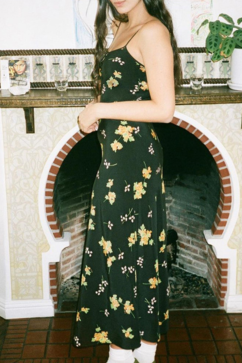 Casual Print Split Joint Spaghetti Strap Pencil Skirt Dresses - Fashionpara