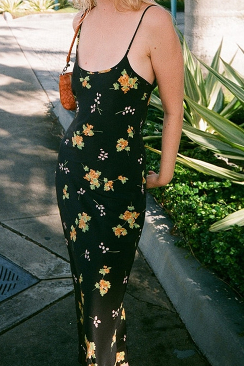 Casual Print Split Joint Spaghetti Strap Pencil Skirt Dresses - Fashionpara