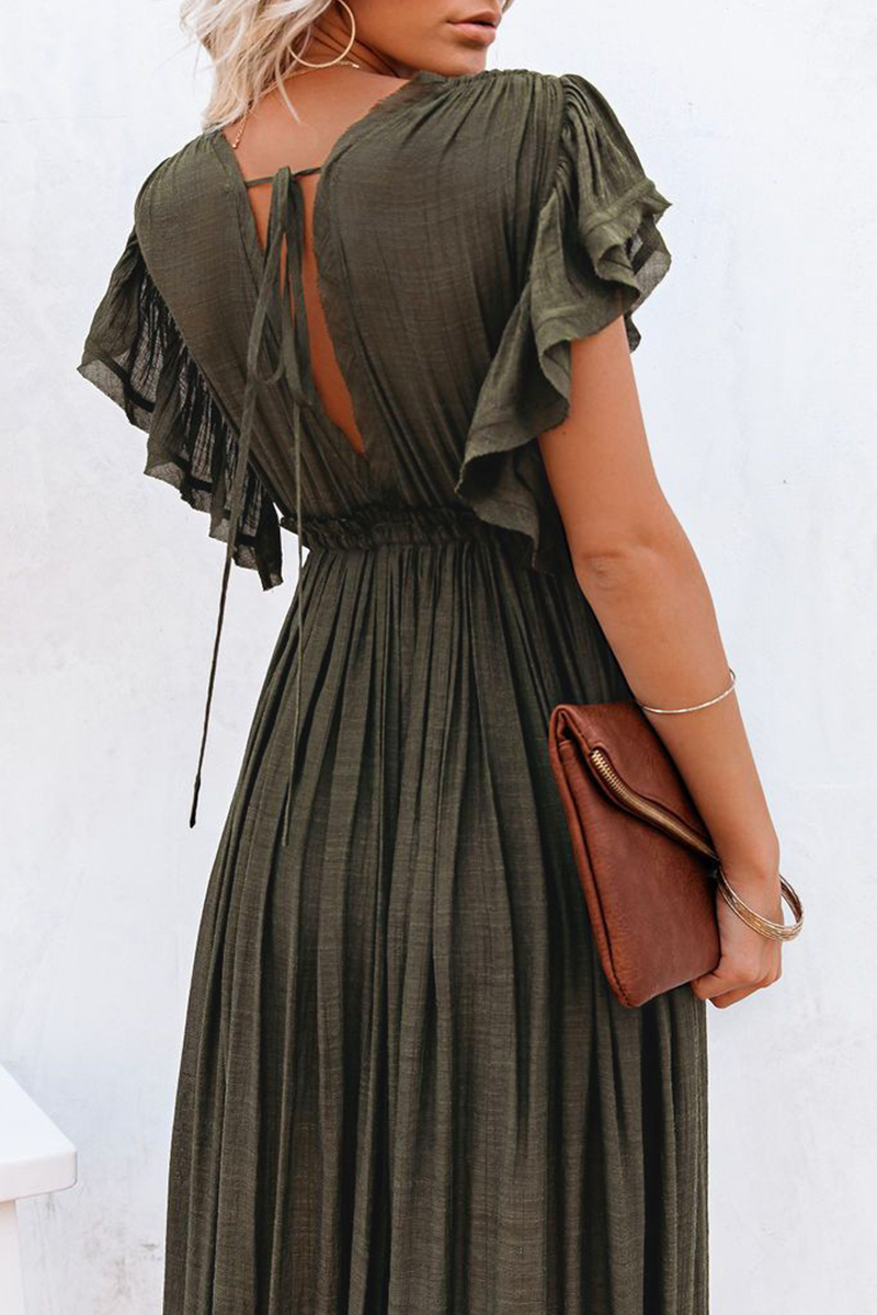 Casual Solid Split Joint V Neck Cake Skirt Dresses(3 colors) - Fashionpara