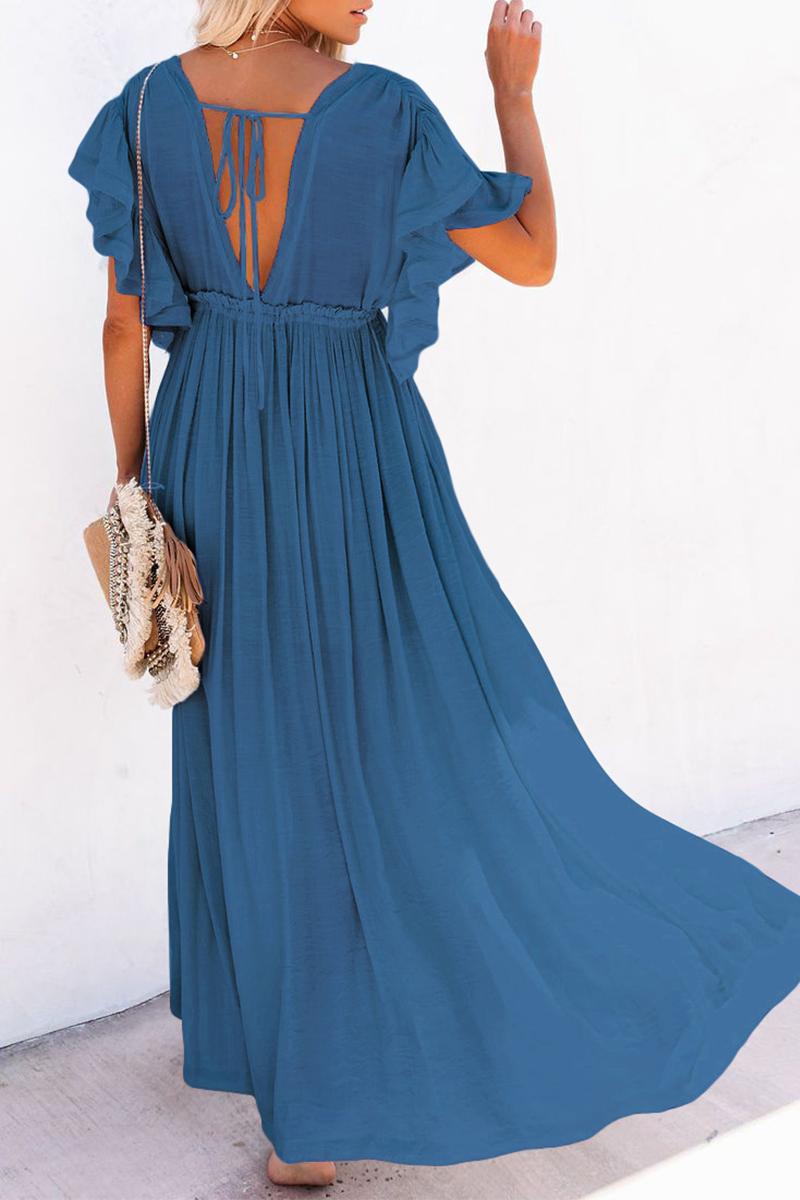 Casual Solid Split Joint V Neck Cake Skirt Dresses(3 colors) - Fashionpara