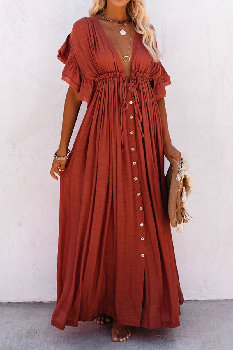 Casual Solid Split Joint V Neck Cake Skirt Dresses(3 colors) - Fashionpara