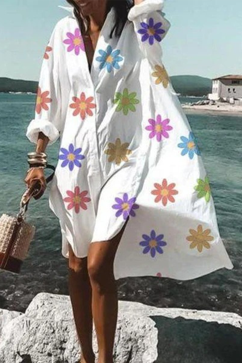 Casual Print Split Joint V Neck Shirt Dress Dresses(5 colors) - Fashionpara