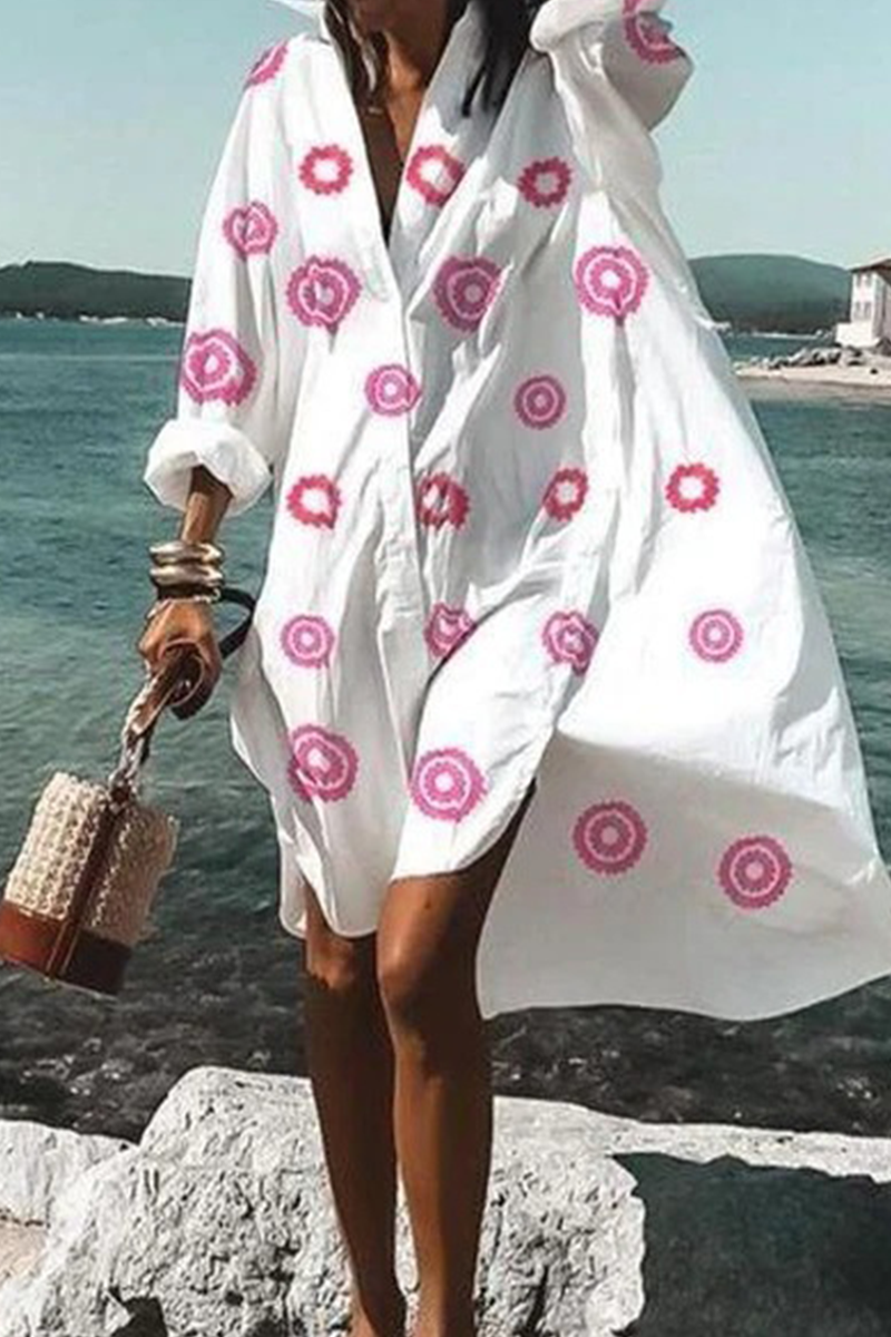 Casual Print Split Joint V Neck Shirt Dress Dresses(5 colors) - Fashionpara