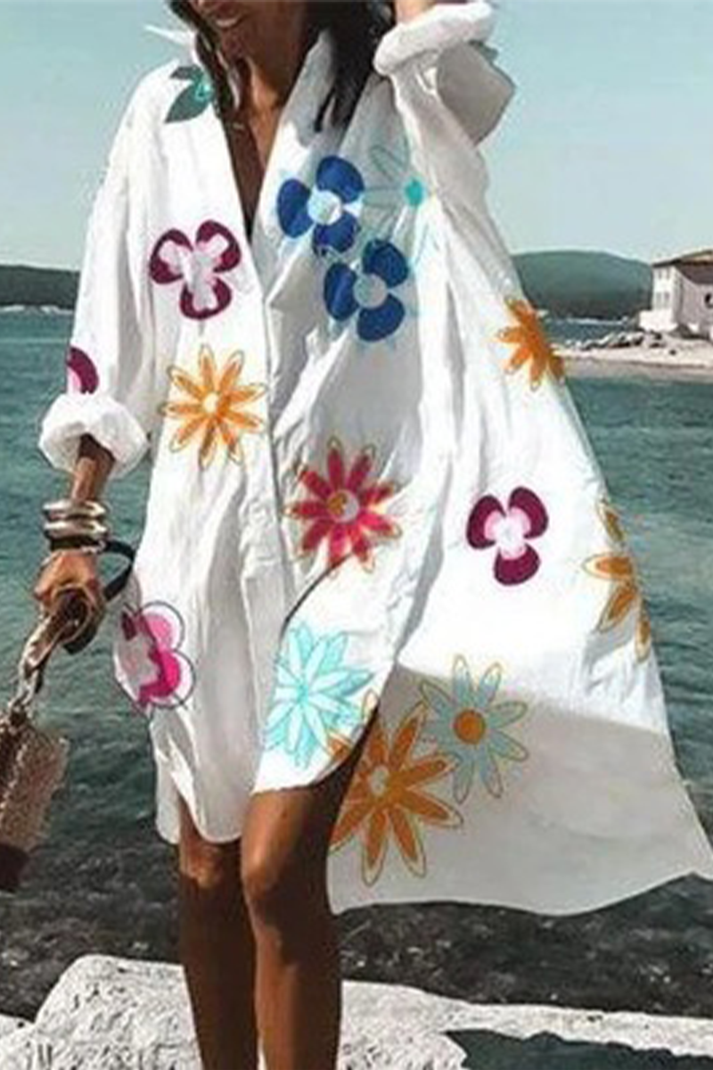 Casual Print Split Joint V Neck Shirt Dress Dresses(5 colors) - Fashionpara