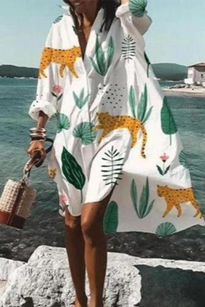 Casual Print Split Joint V Neck Shirt Dress Dresses(5 colors) - Fashionpara