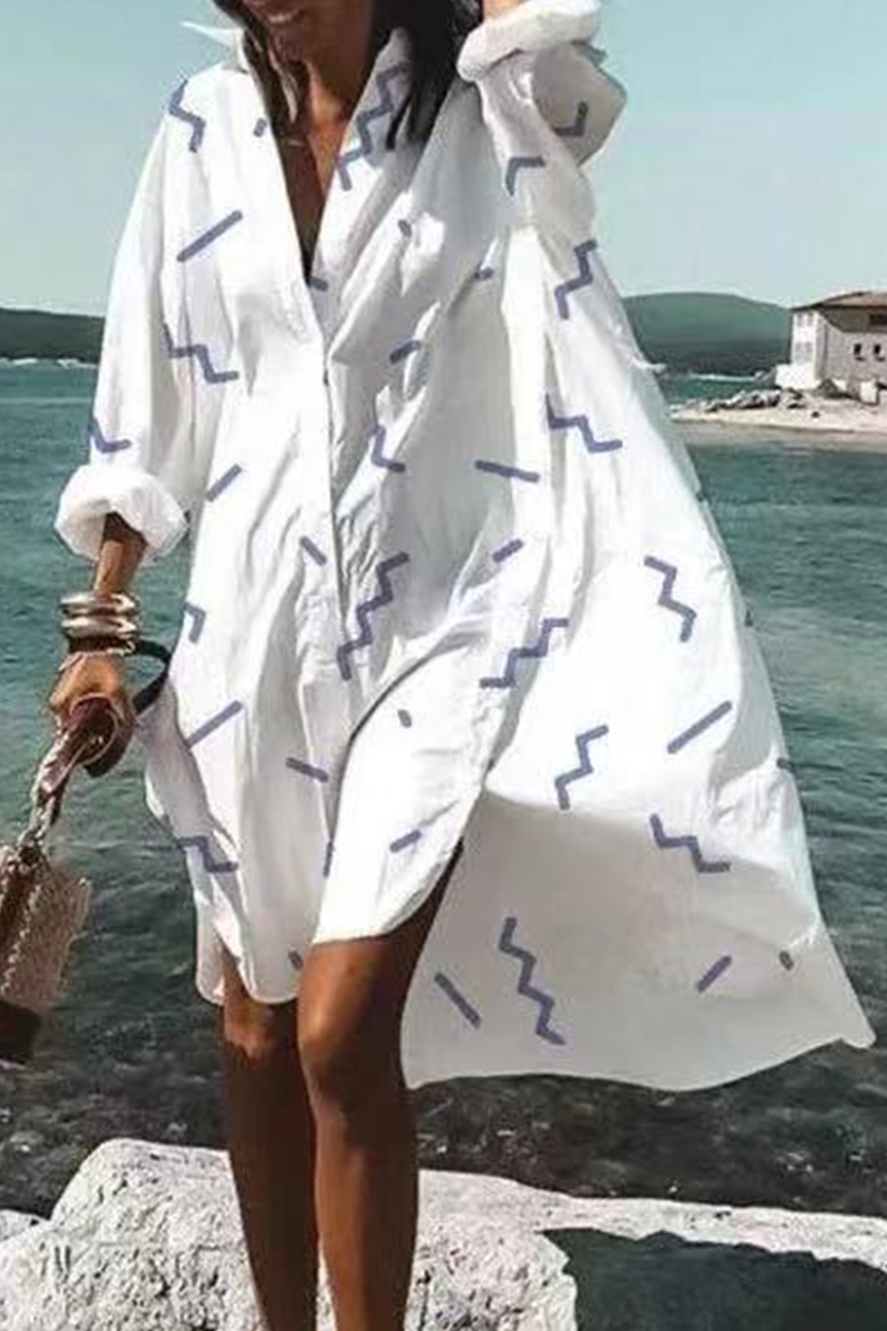 Casual Print Split Joint V Neck Shirt Dress Dresses(5 colors) - Fashionpara