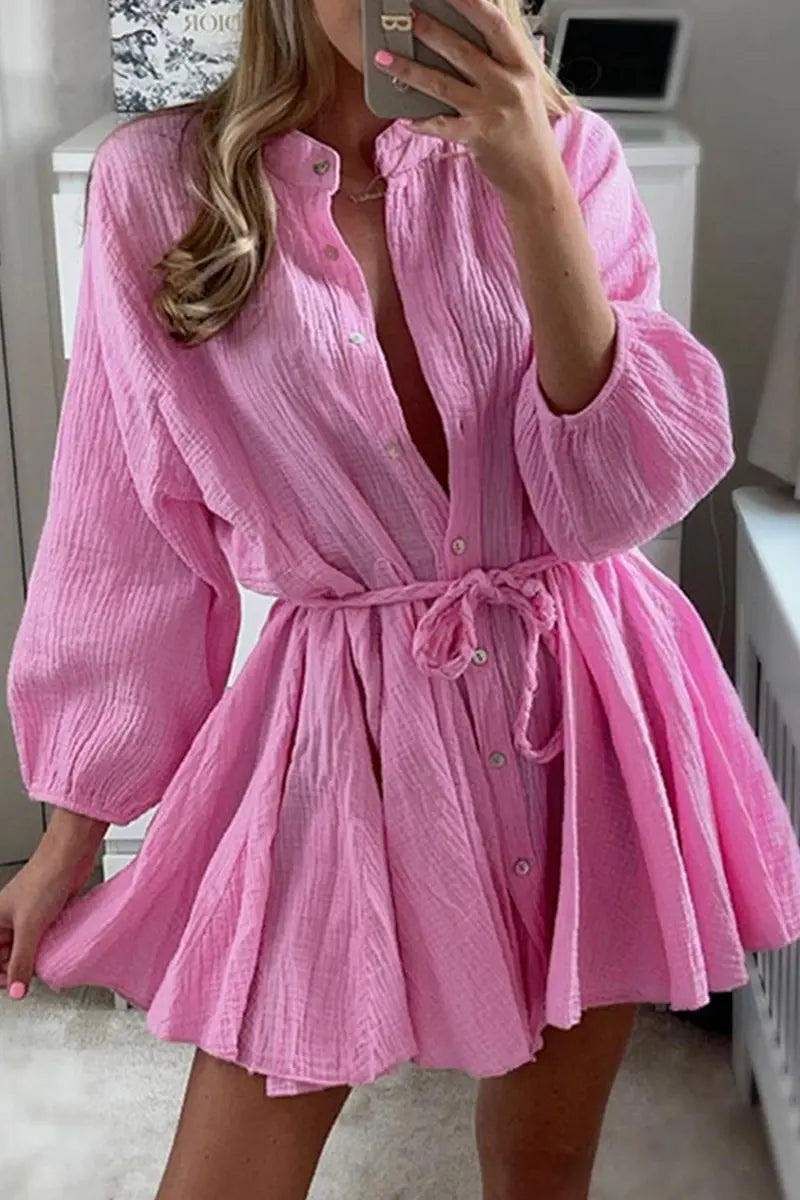 Button O Neck Long Sleeve Shirt Mini Dress - Fashionpara