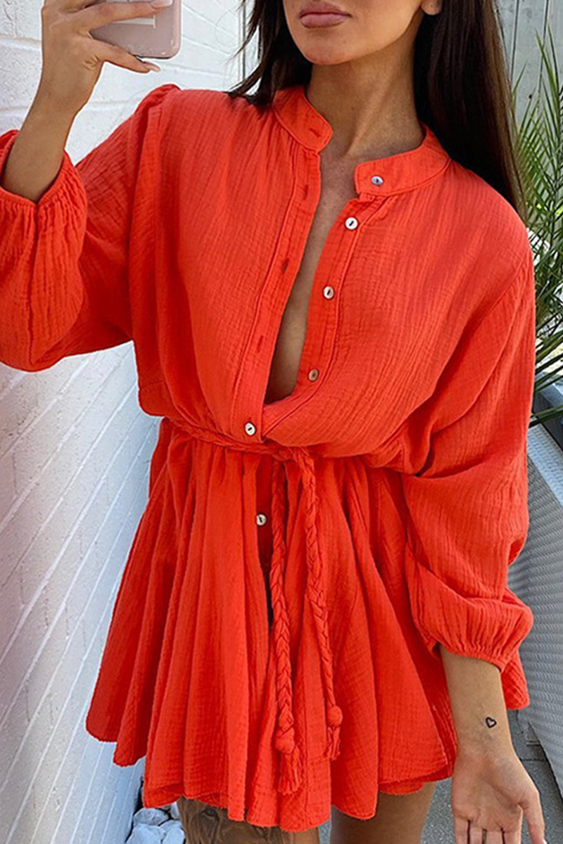 Button O Neck Long Sleeve Shirt Mini Dress - Fashionpara