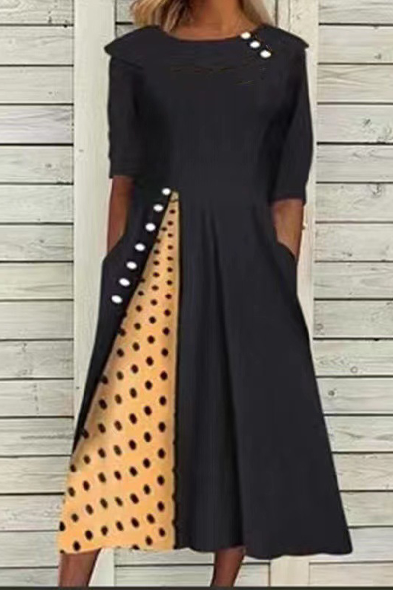 Casual Dot Split Joint O Neck Straight Dresses - Fashionpara