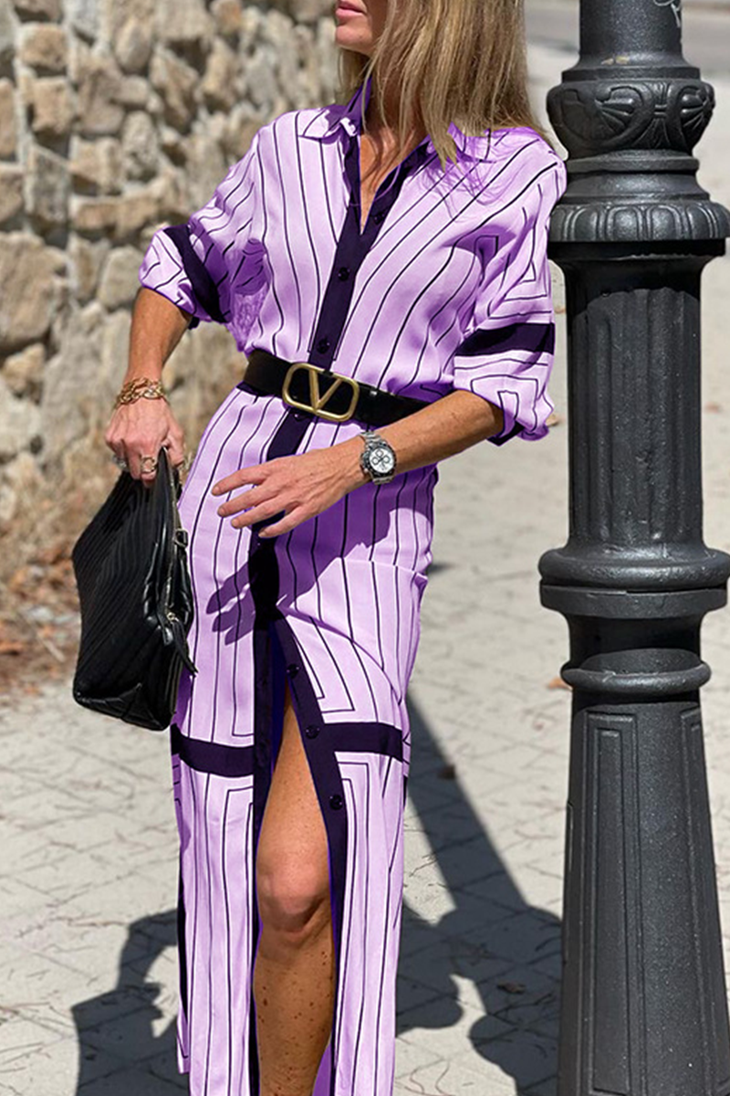 Casual Striped Split Joint Turndown Collar Straight Dresses - Fashionpara