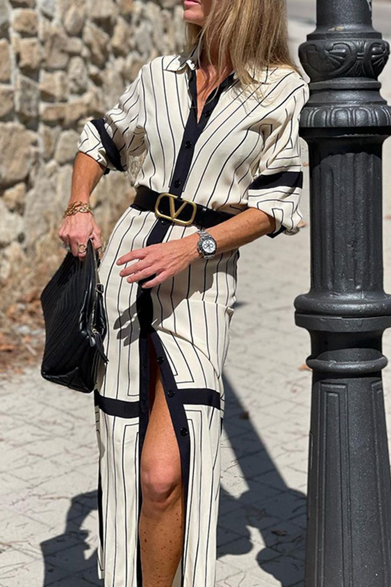 Casual Striped Split Joint Turndown Collar Straight Dresses - Fashionpara