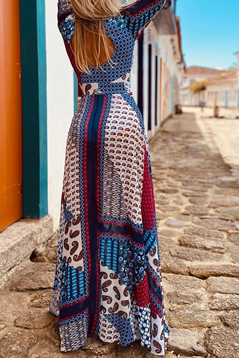 Casual Print Patchwork V Neck Waist Skirt Dresses - Fashionpara