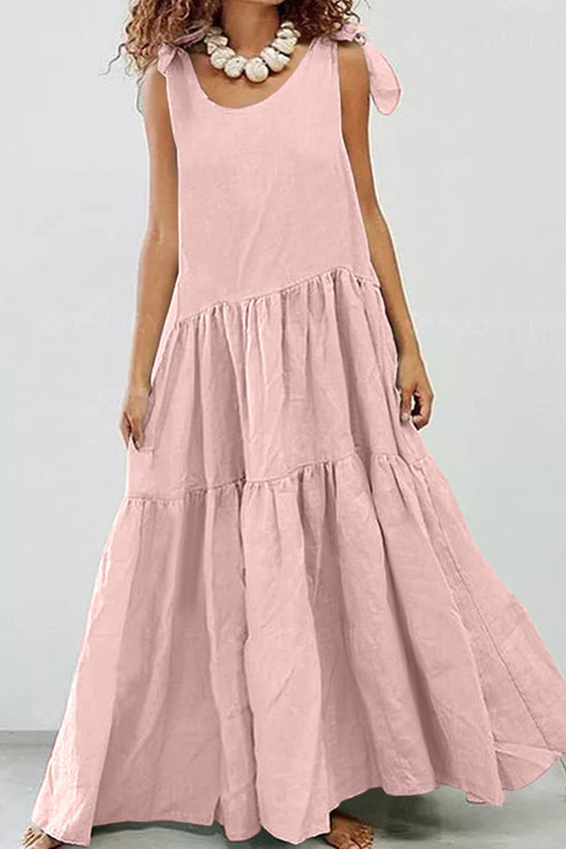 Casual Solid Patchwork O Neck Cake Skirt Dresses(5 Colors) - Fashionpara