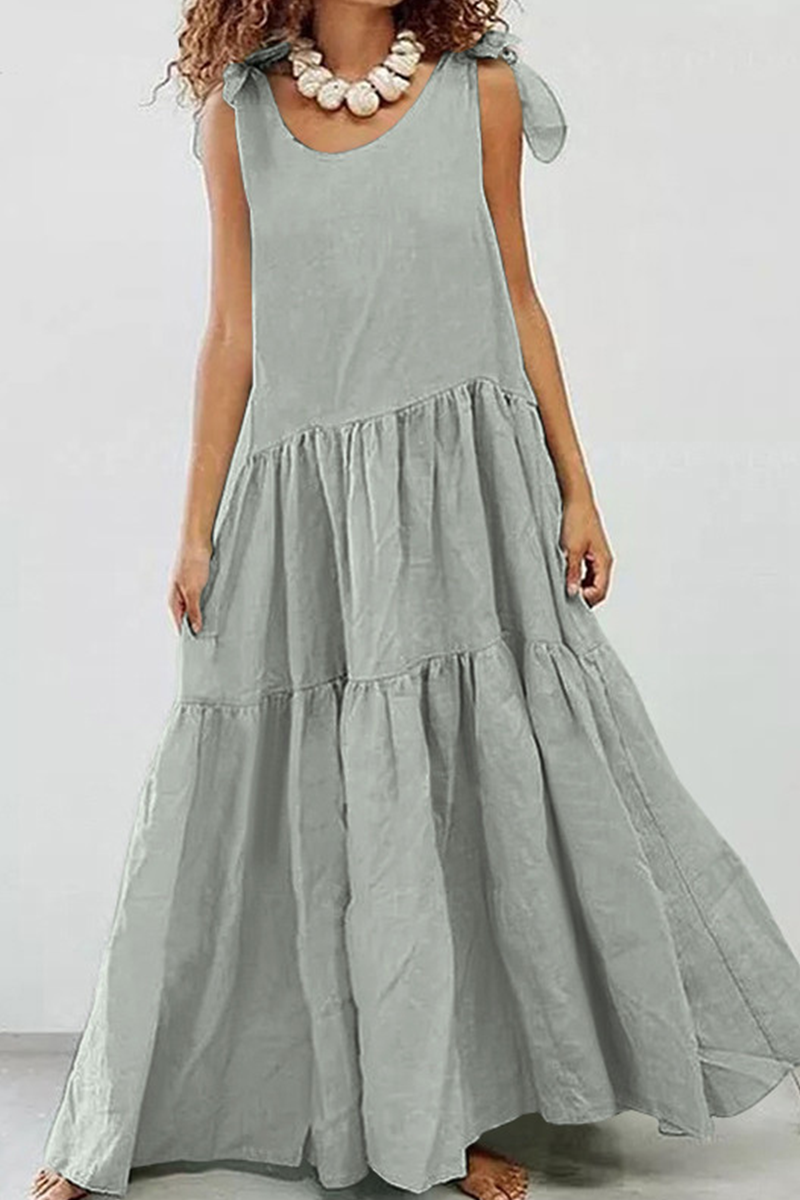 Casual Solid Patchwork O Neck Cake Skirt Dresses(5 Colors) - Fashionpara