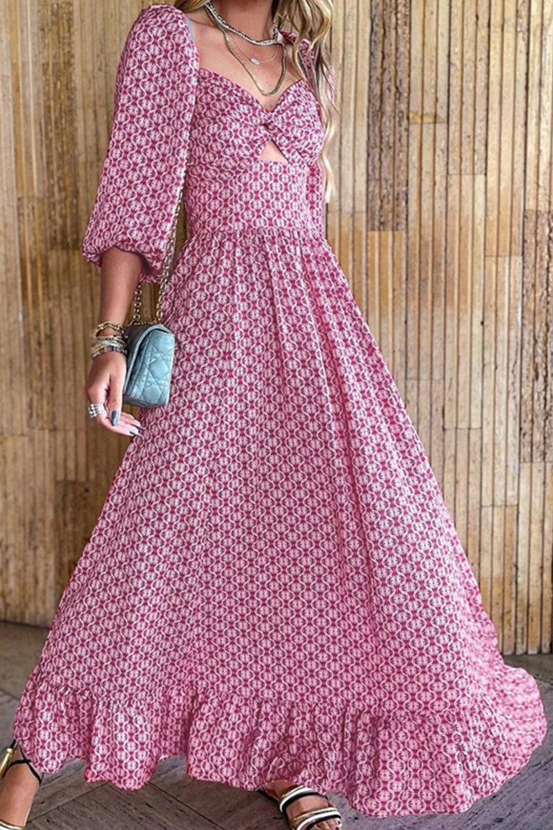 Casual Print Split Joint Square Collar Cake Skirt Dresses - Fashionpara