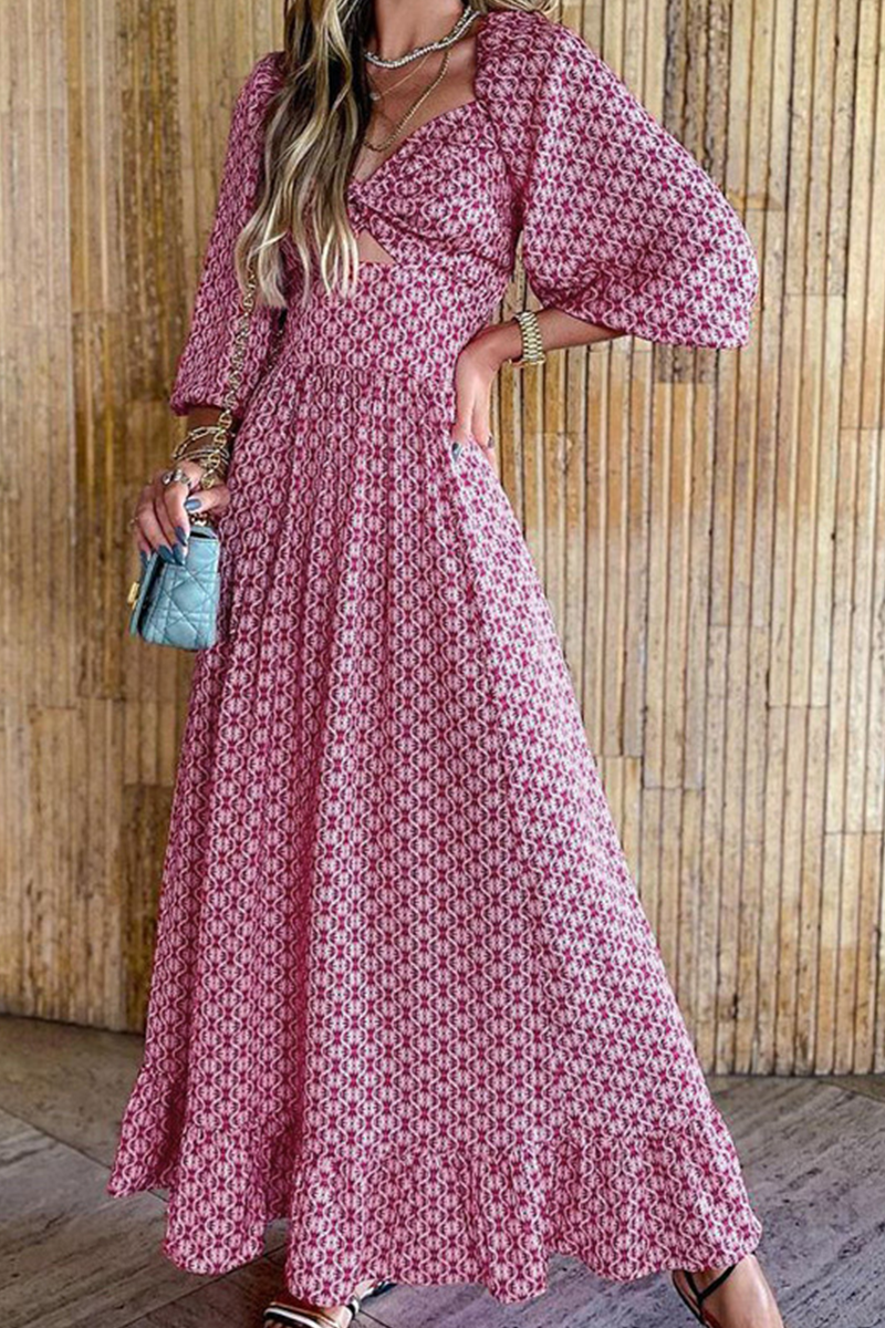 Casual Print Split Joint Square Collar Cake Skirt Dresses - Fashionpara