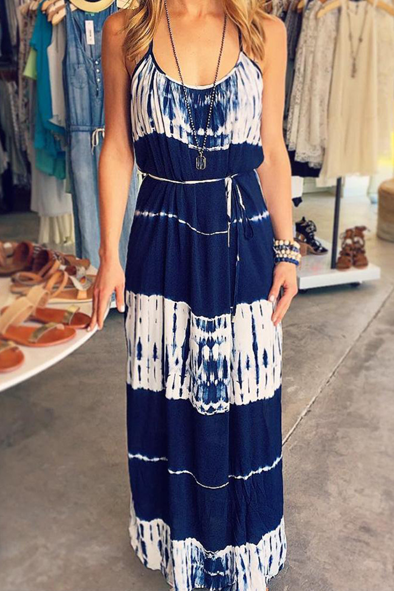 Casual Print Split Joint Spaghetti Strap Cake Skirt Dresses - Fashionpara