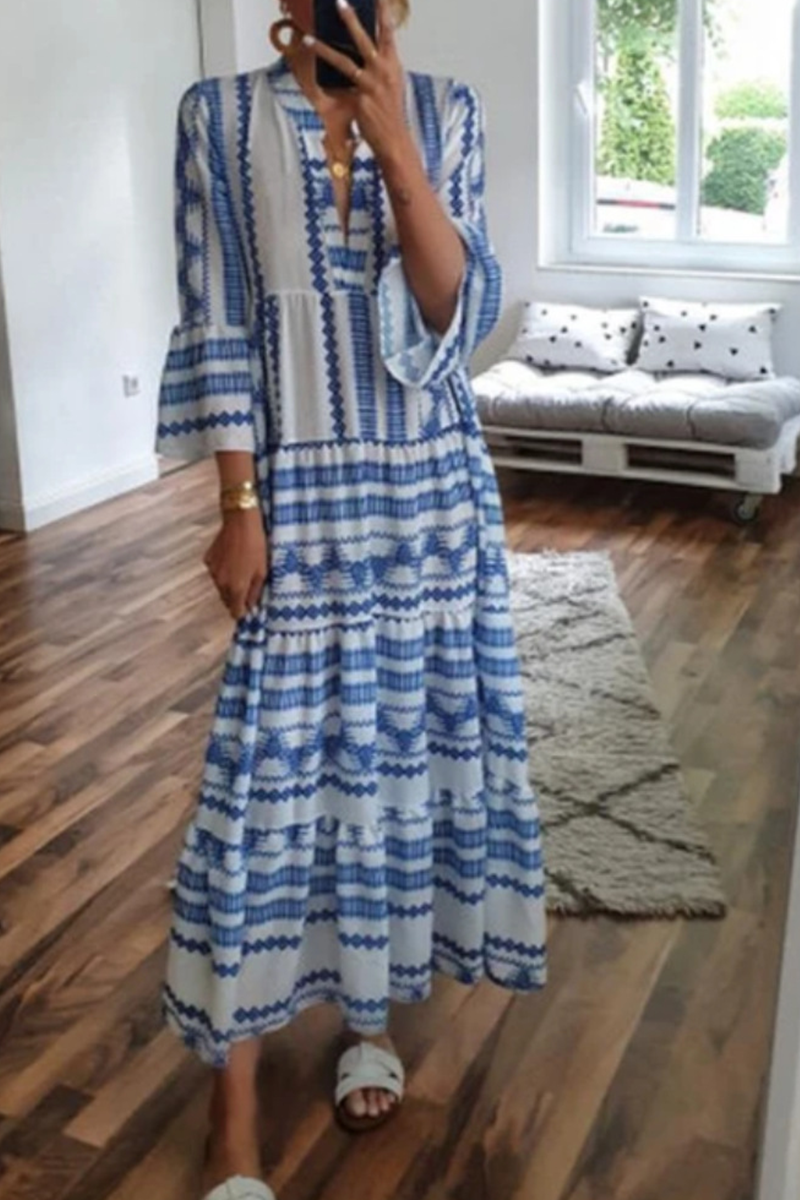 Casual Print Split Joint V Neck Cake Skirt Dresses - Fashionpara