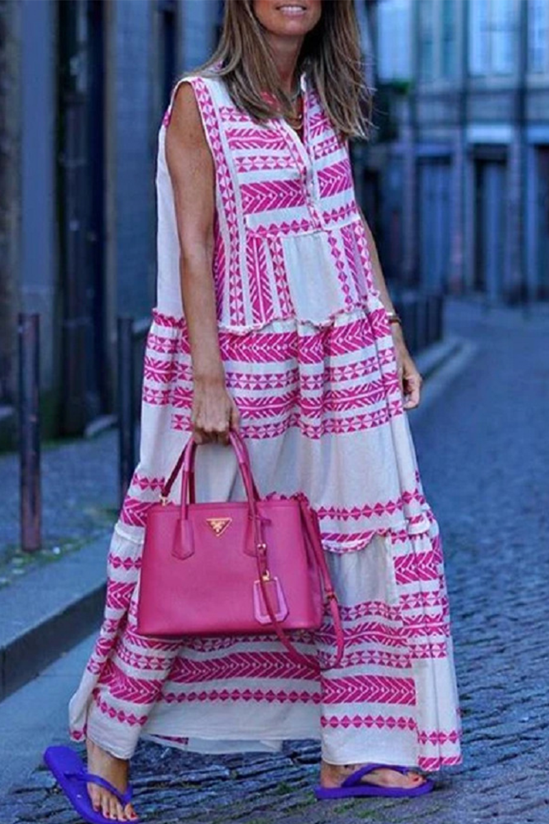 Casual Print Split Joint V Neck Straight Dresses - Fashionpara