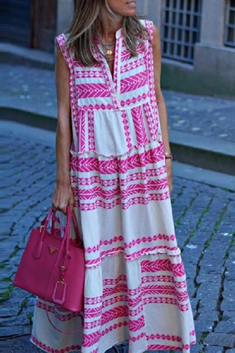 Casual Print Split Joint V Neck Straight Dresses - Fashionpara