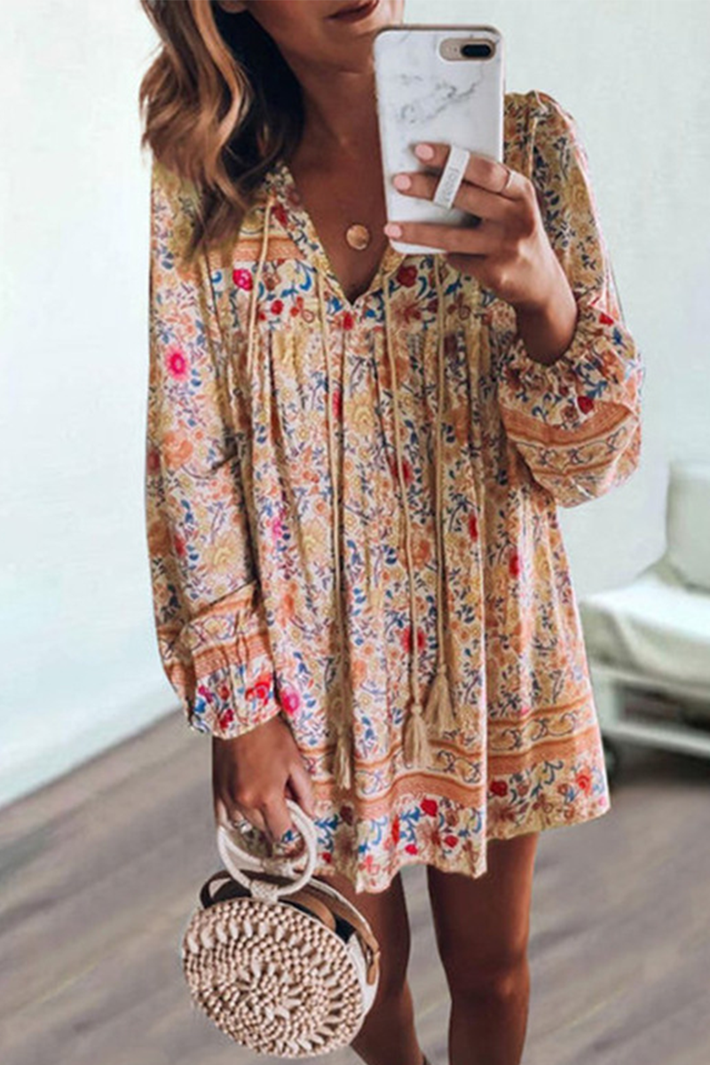 Casual Print Patchwork V Neck Cake Skirt Dresses(4 colors) - Fashionpara