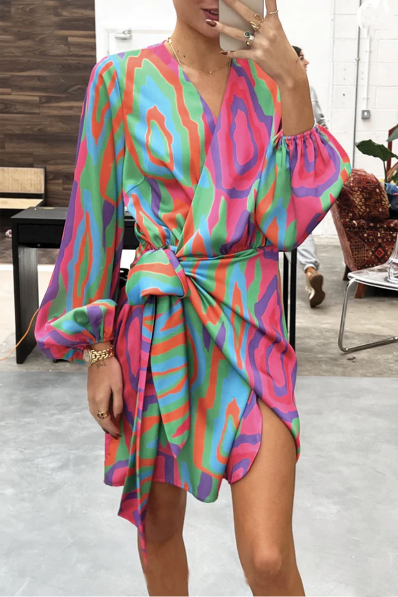 Casual Print Split Joint V Neck Irregular Dress Dresses - Fashionpara