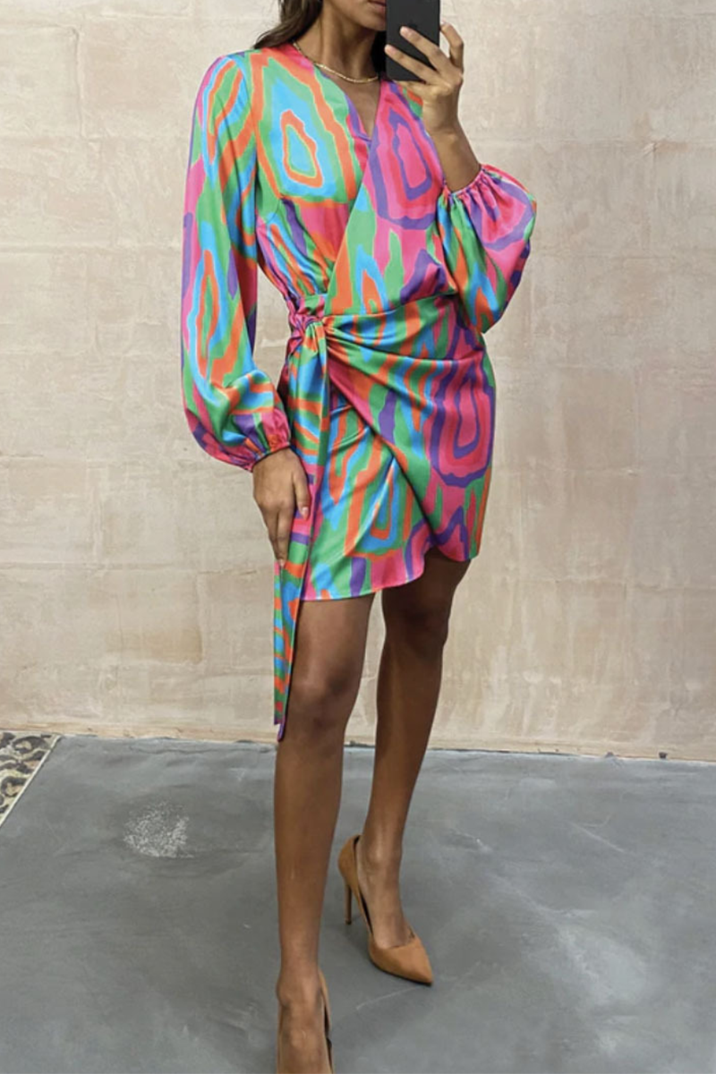 Casual Print Split Joint V Neck Irregular Dress Dresses - Fashionpara