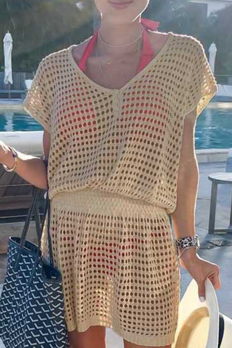 Casual Solid Mesh V Neck Waist Skirt Dresses(5 colors) - Fashionpara