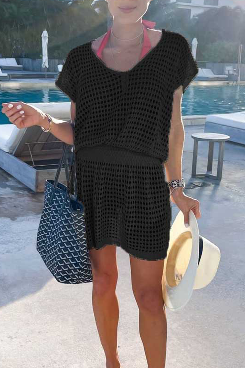 Casual Solid Mesh V Neck Waist Skirt Dresses(5 colors) - Fashionpara