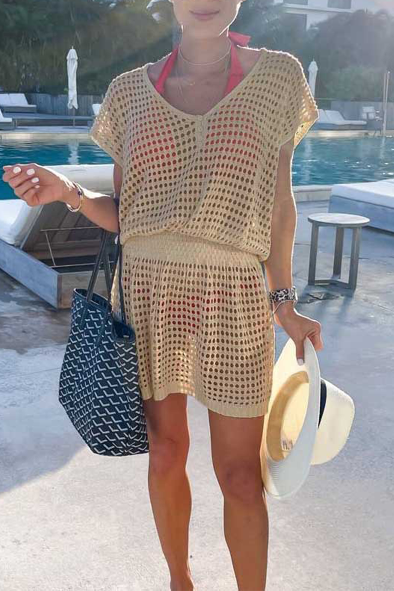 Casual Solid Mesh V Neck Waist Skirt Dresses(5 colors) - Fashionpara