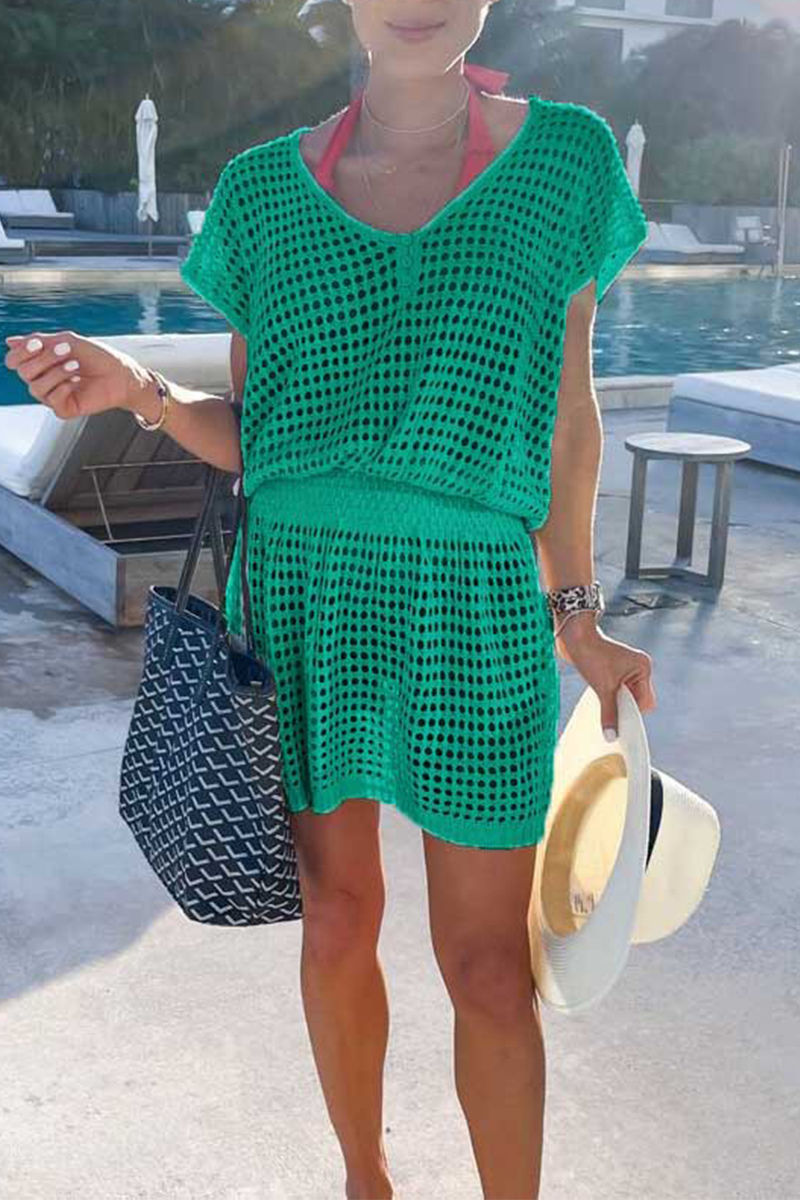 Casual Solid Mesh V Neck Waist Skirt Dresses(5 colors) - Fashionpara