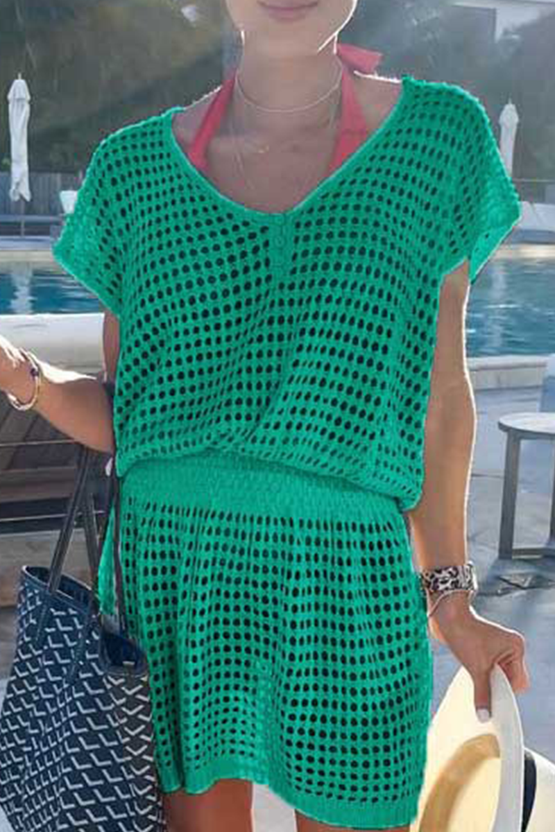 Casual Solid Mesh V Neck Waist Skirt Dresses(5 colors) - Fashionpara