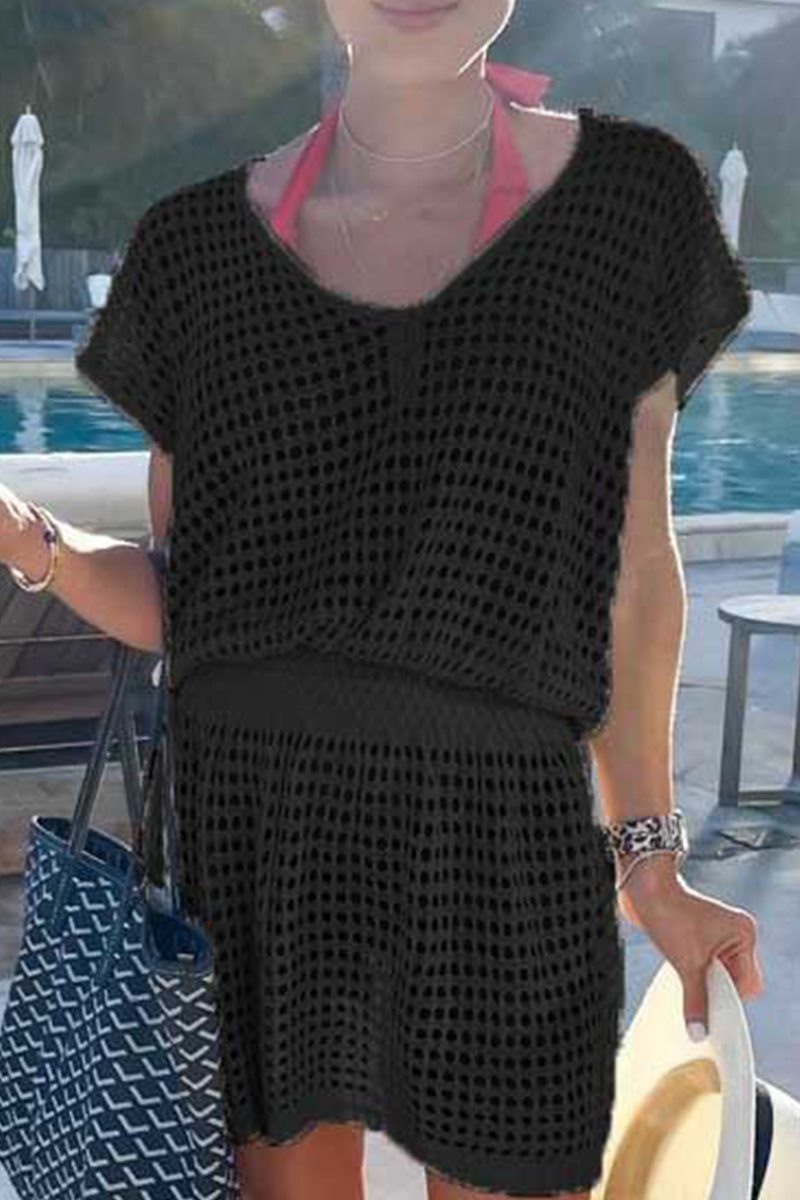 Casual Solid Mesh V Neck Waist Skirt Dresses(5 colors) - Fashionpara