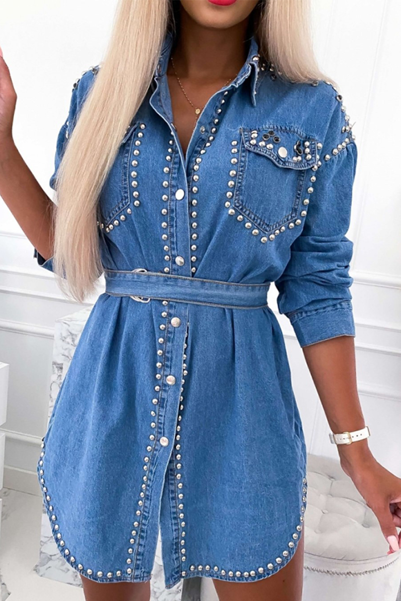 Casual Print Beading Turndown Collar Shirt Dress Dresses - Fashionpara