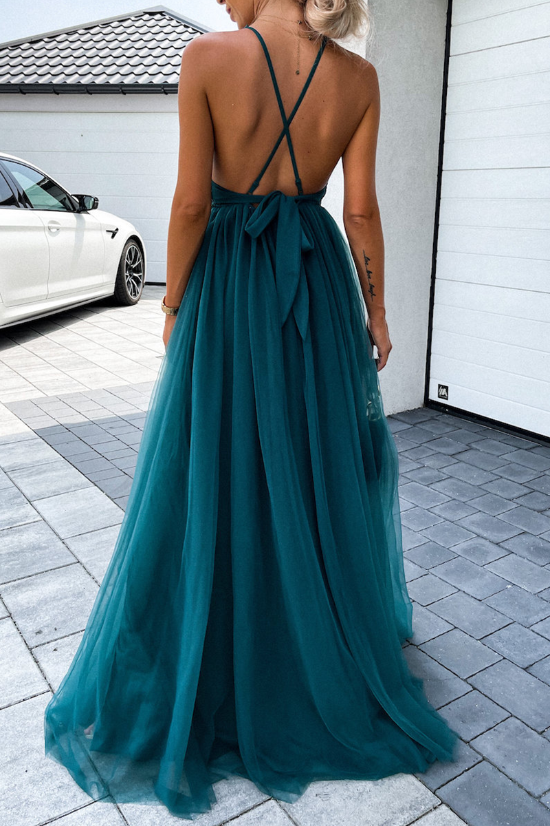 Sexy Solid Mesh Halter Cake Skirt Dresses - Fashionpara