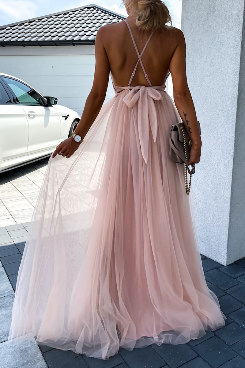 Sexy Solid Mesh Halter Cake Skirt Dresses - Fashionpara