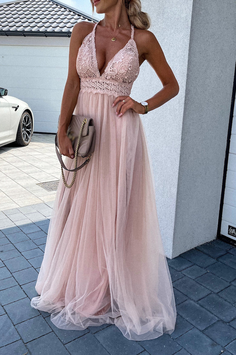 Sexy Solid Mesh Halter Cake Skirt Dresses - Fashionpara
