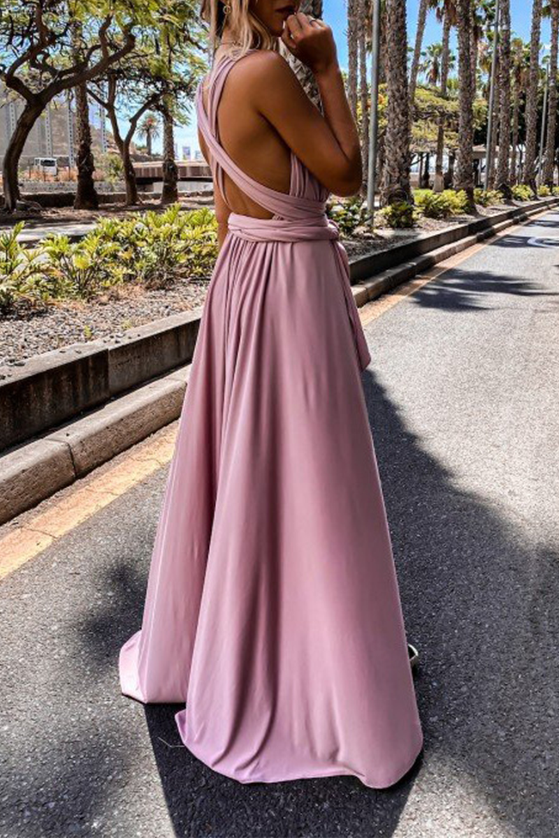 Casual Solid Split Joint V Neck Waist Skirt Dresses - Fashionpara