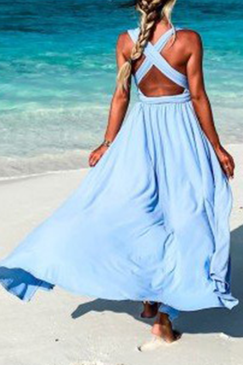 Casual Solid Split Joint V Neck Waist Skirt Dresses - Fashionpara