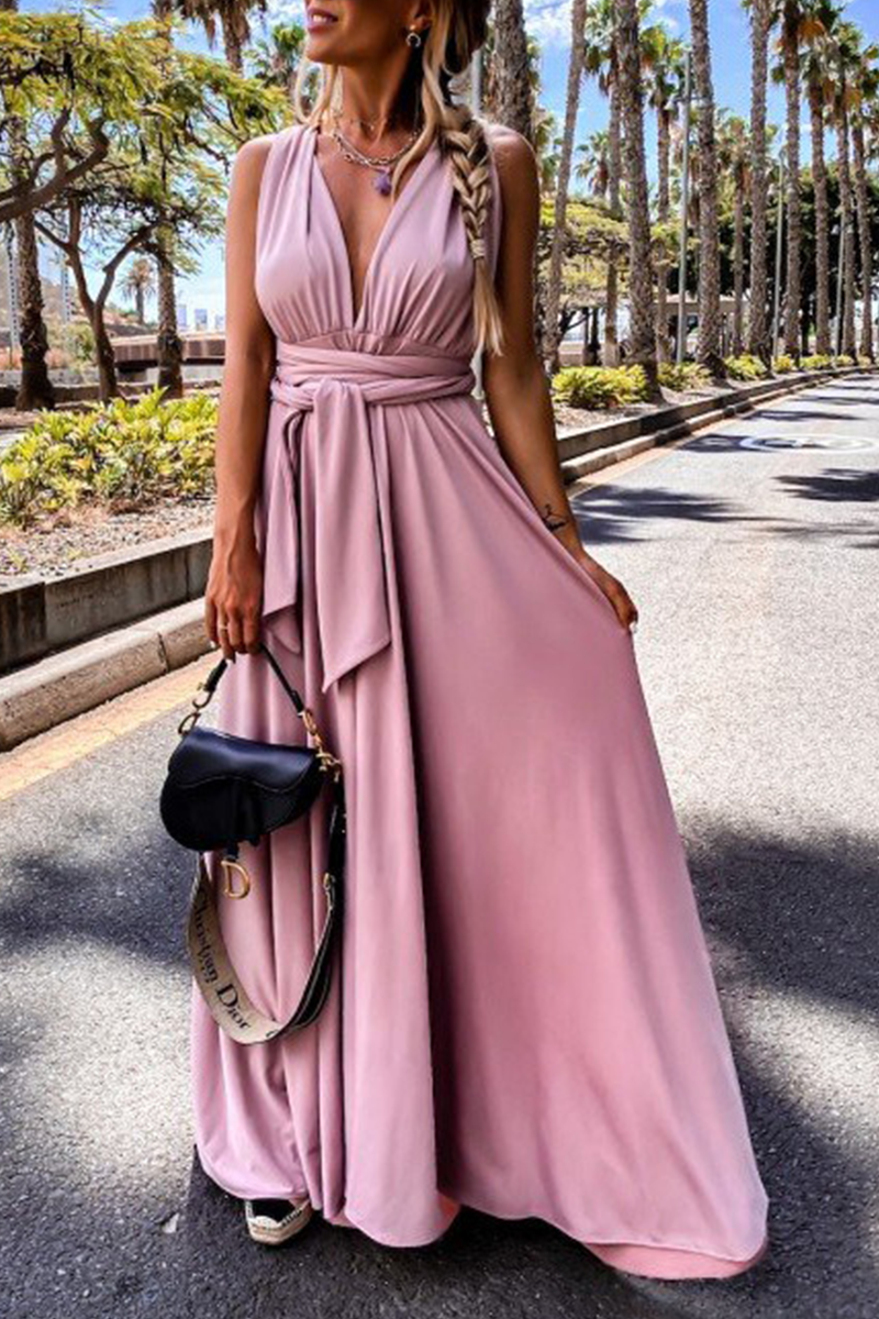 Casual Solid Split Joint V Neck Waist Skirt Dresses - Fashionpara