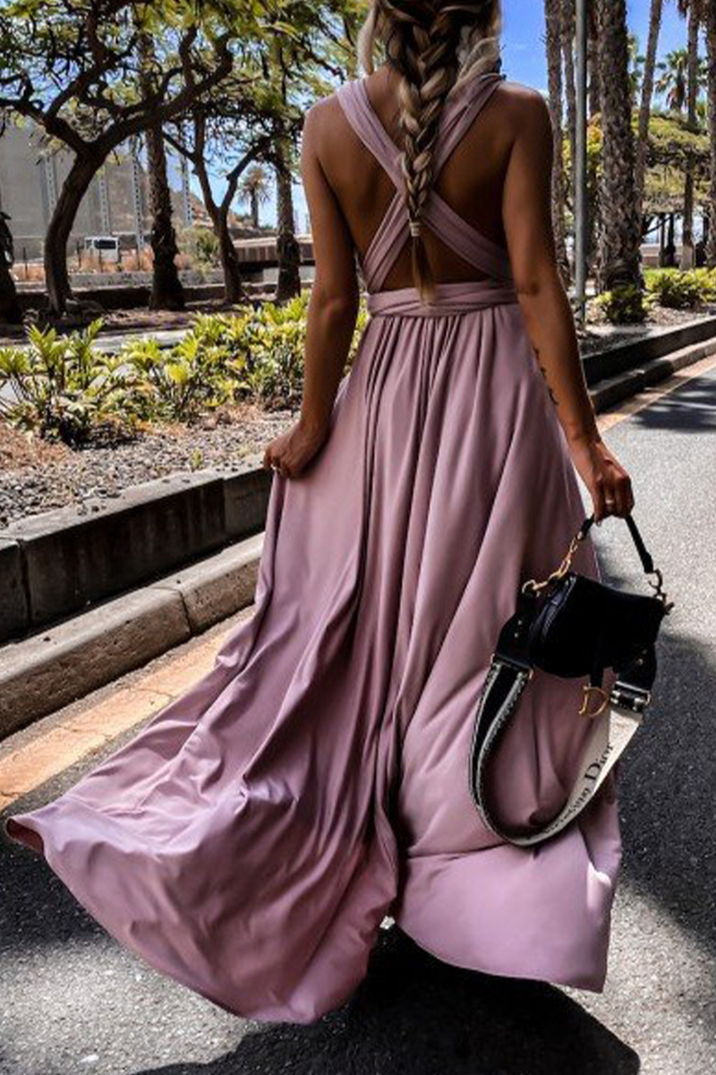 Casual Solid Split Joint V Neck Waist Skirt Dresses - Fashionpara