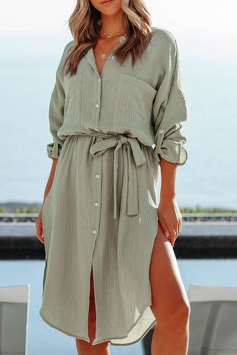 Casual Solid Split Joint Turndown Collar Shirt Dress Dresses - Fashionpara
