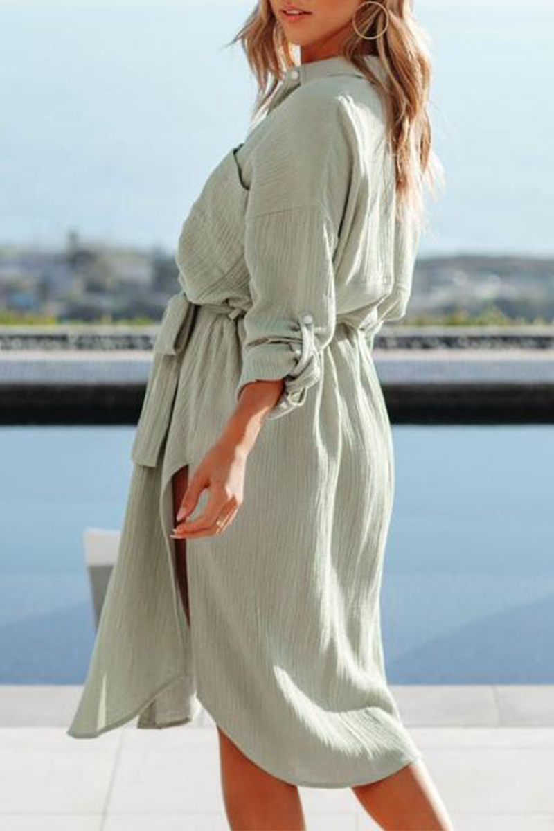 Casual Solid Split Joint Turndown Collar Shirt Dress Dresses - Fashionpara