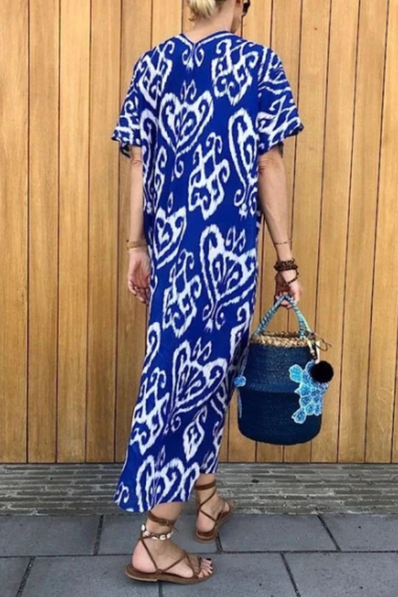 Casual Print Patchwork V Neck Straight Dresses - Fashionpara