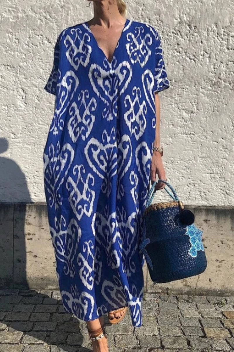 Casual Print Patchwork V Neck Straight Dresses - Fashionpara