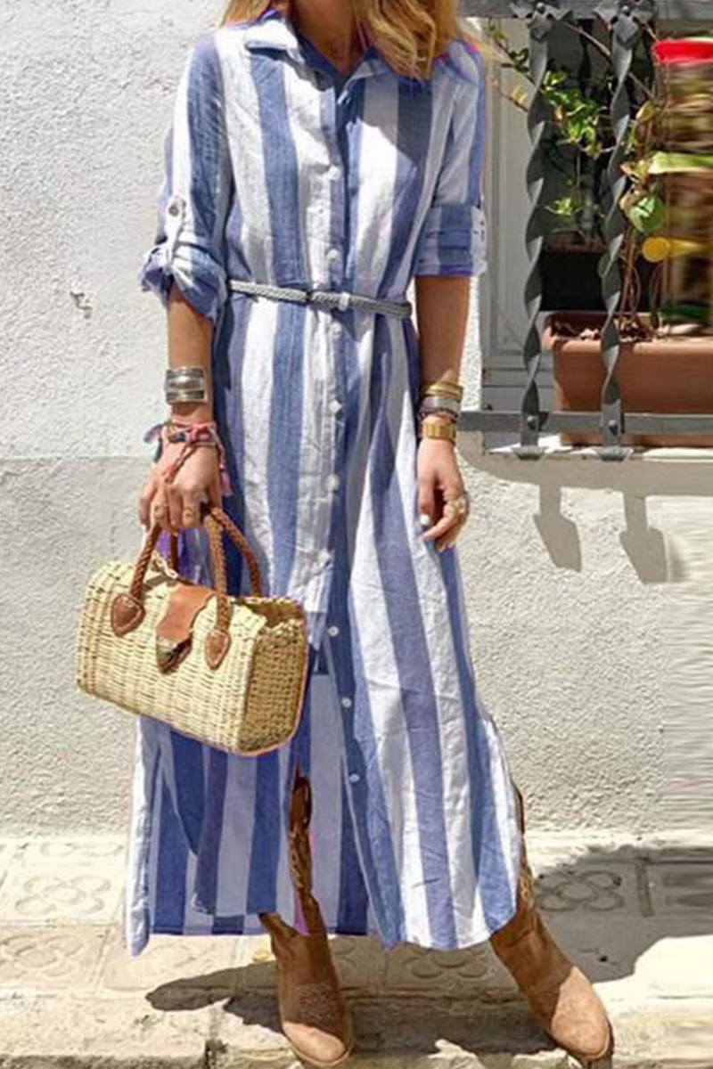 Street Striped Patchwork Turndown Collar Shirt Dress Dresses - Fashionpara